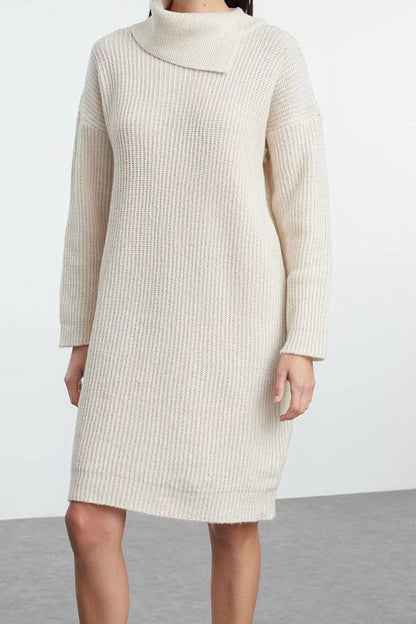 Women Fashion Stylish Mini Length Turn-down Collar Regular Knitwear Soft Texture Dress