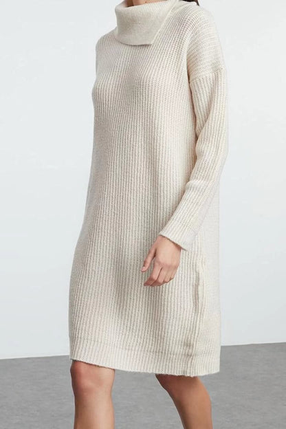 Women Fashion Stylish Mini Length Turn-down Collar Regular Knitwear Soft Texture Dress