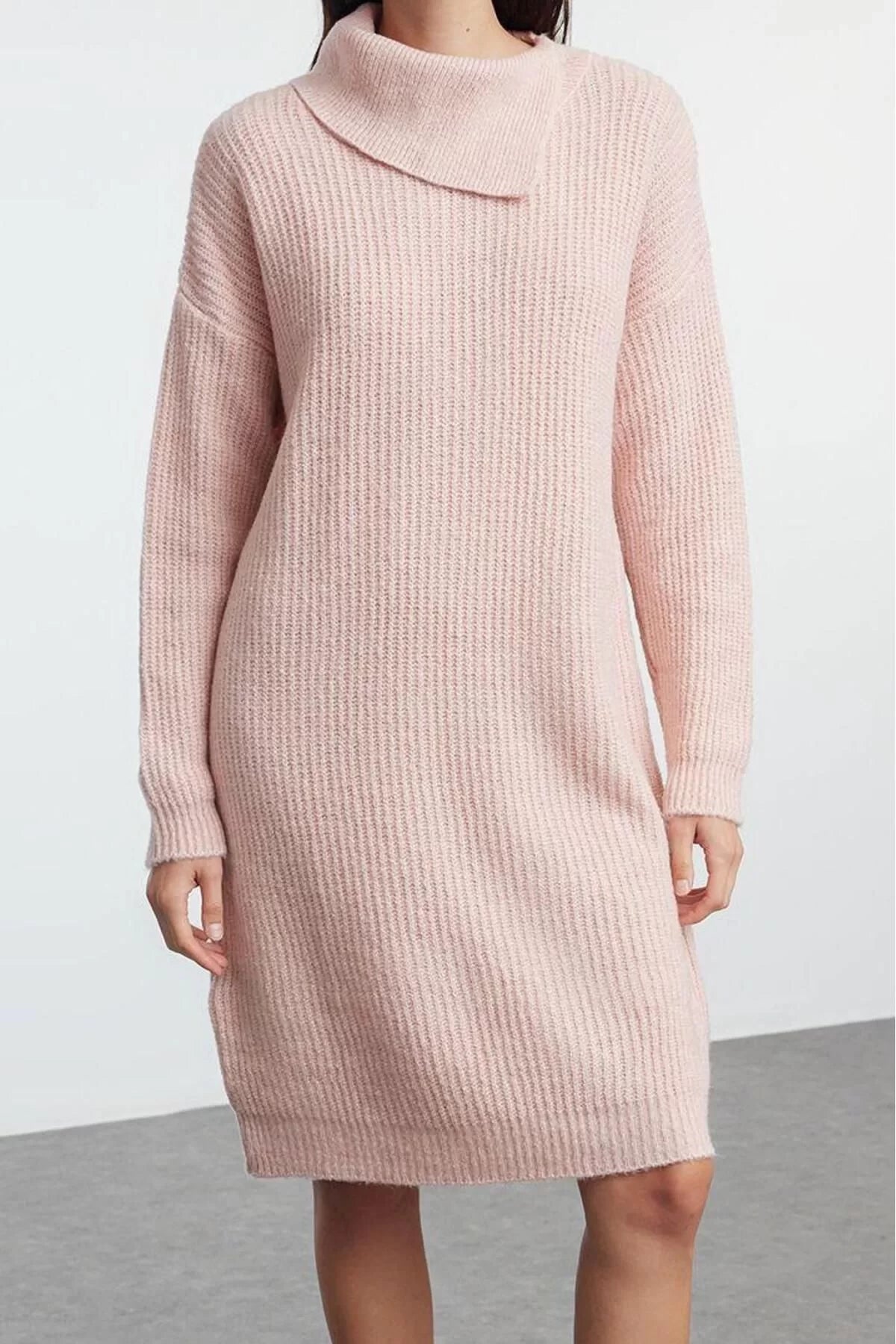 Women Fashion Stylish Mini Length Turn-down Collar Regular Knitwear Soft Texture Dress