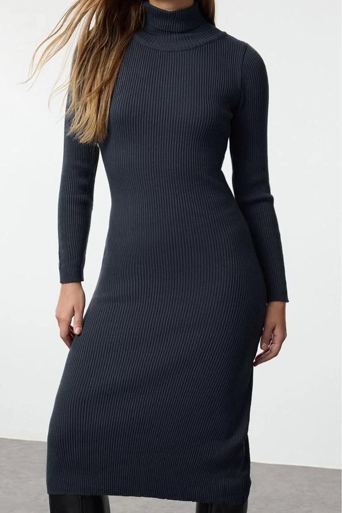 Women Fashion Stylish Midi Length Turtleneck Regular Knitwear Basic Dress