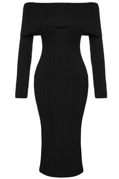 Women Fashion Stylish Midi Length Carmen Collar Regular Knitwear Basic Dress