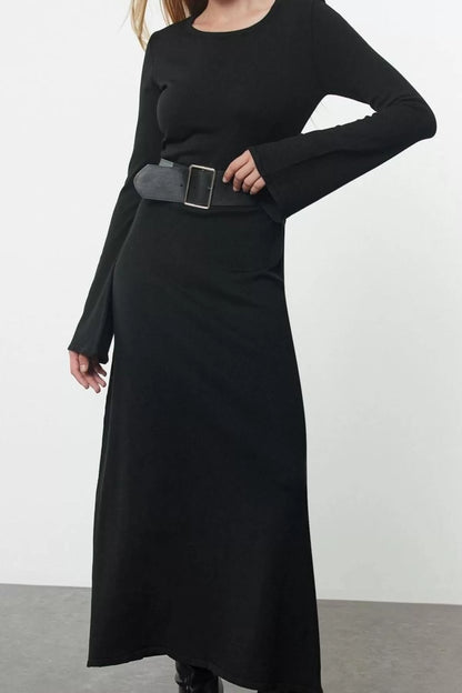 Women Fashion Stylish Maxi Length Crew Neck Regular Knitted Belted Dress