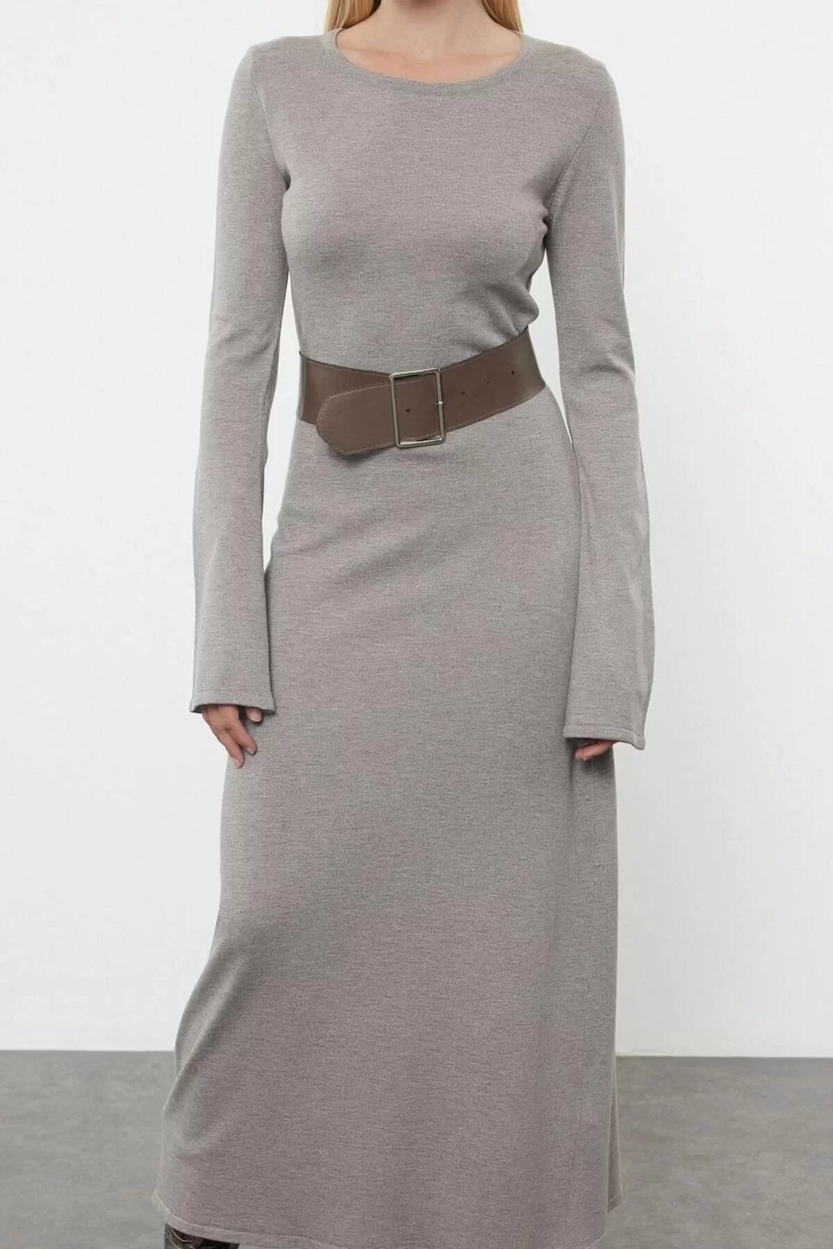 Women Fashion Stylish Maxi Length Crew Neck Regular Knitted Belted Dress