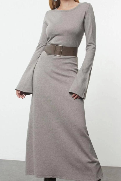 Women Fashion Stylish Maxi Length Crew Neck Regular Knitted Belted Dress