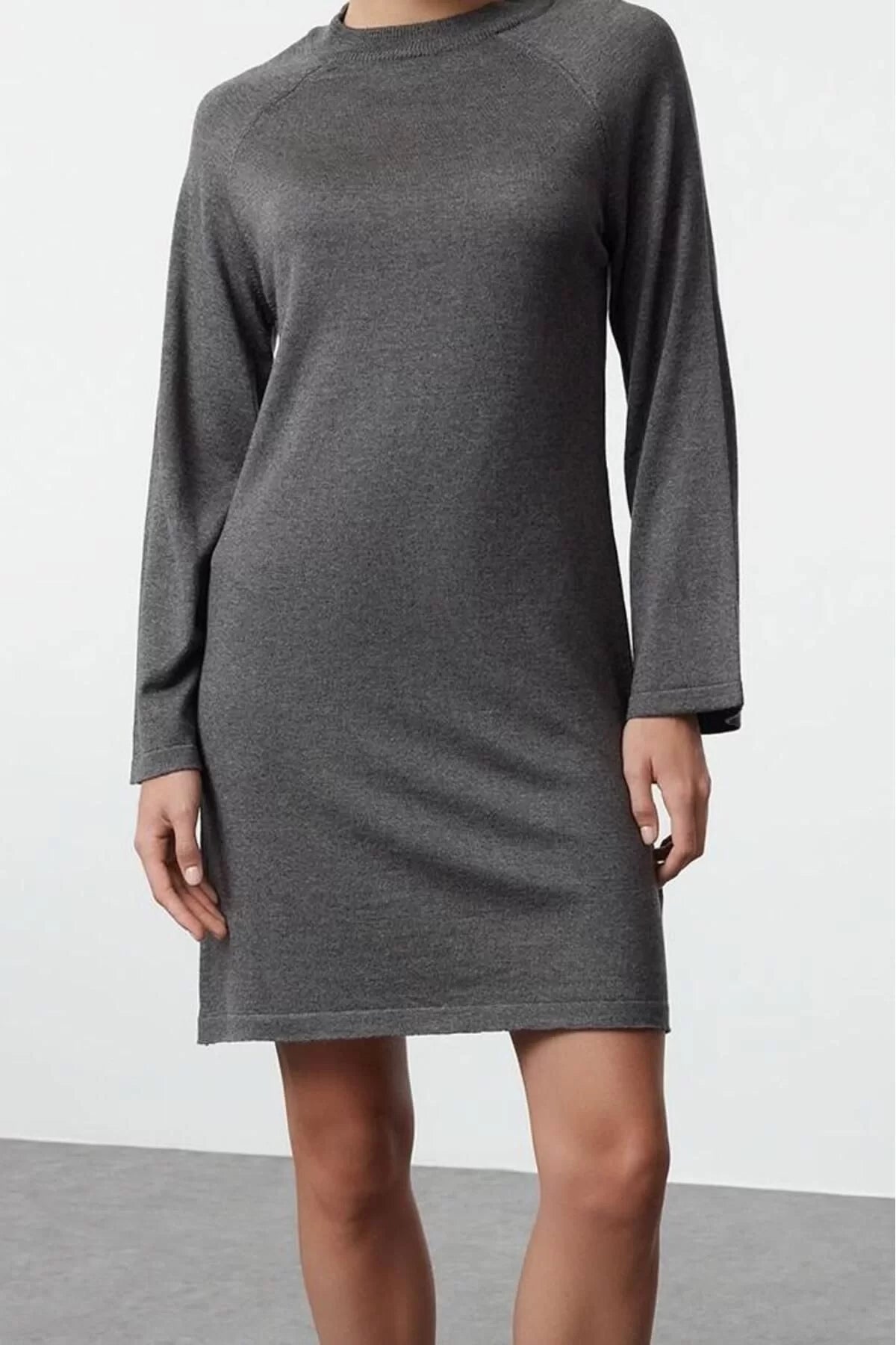 Women Fashion Stylish Mini Length Crew Neck Regular Knitwear Basic Cotton Dress