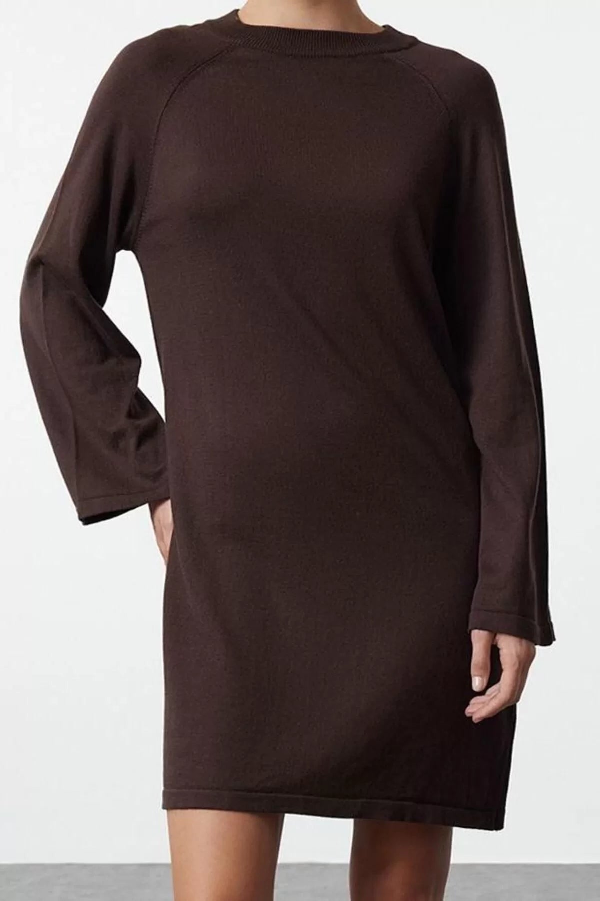 Women Fashion Stylish Mini Length Crew Neck Regular Knitwear Basic Cotton Dress