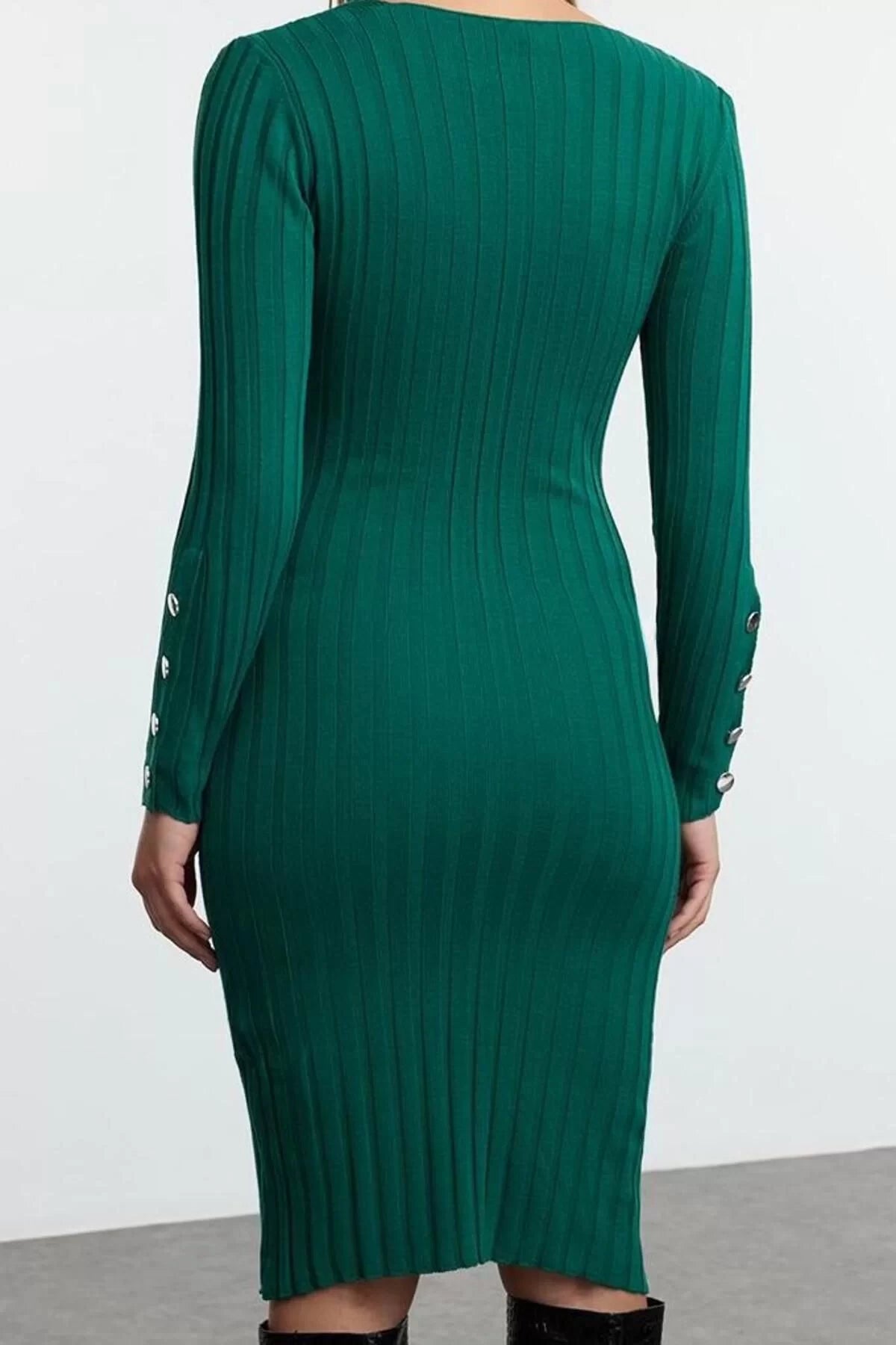 Women Fashion Stylish Midi Length V Neck Regular Knitwear Basic Dress