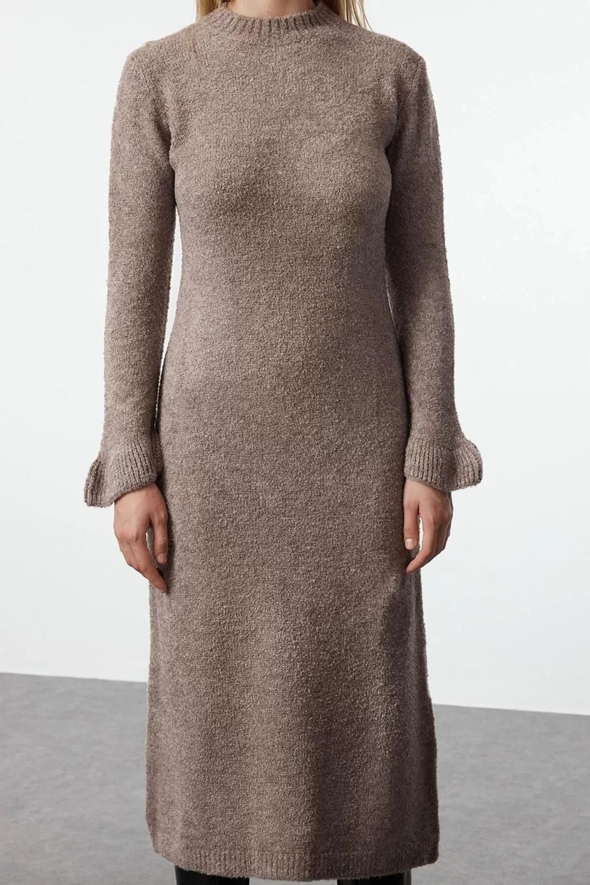 Women Fashion Stylish Midi Length Crew Neck Regular Knitwear Boucle Dress