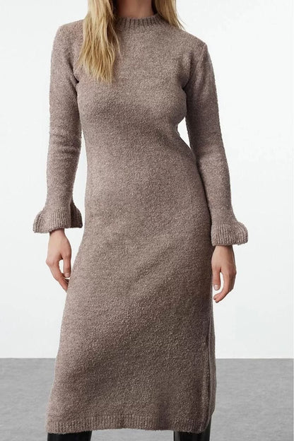 Women Fashion Stylish Midi Length Crew Neck Regular Knitwear Boucle Dress