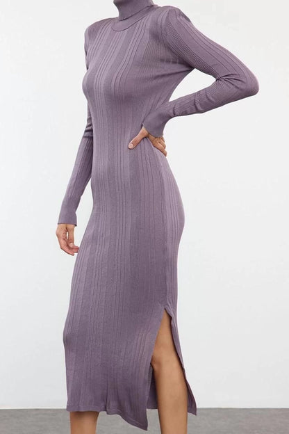 Women Fashion Stylish Maxi Length Stand Collar Slim Knitwear Turtleneck Glitter Yarn Dress