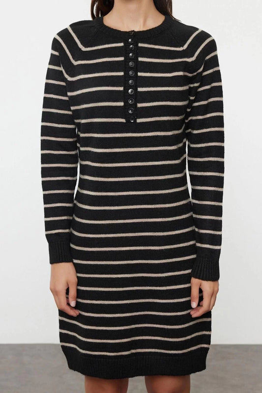 Women Fashion Stylish Mini Length Crew Neck Regular Striped Knitwear Soft Texture Dress