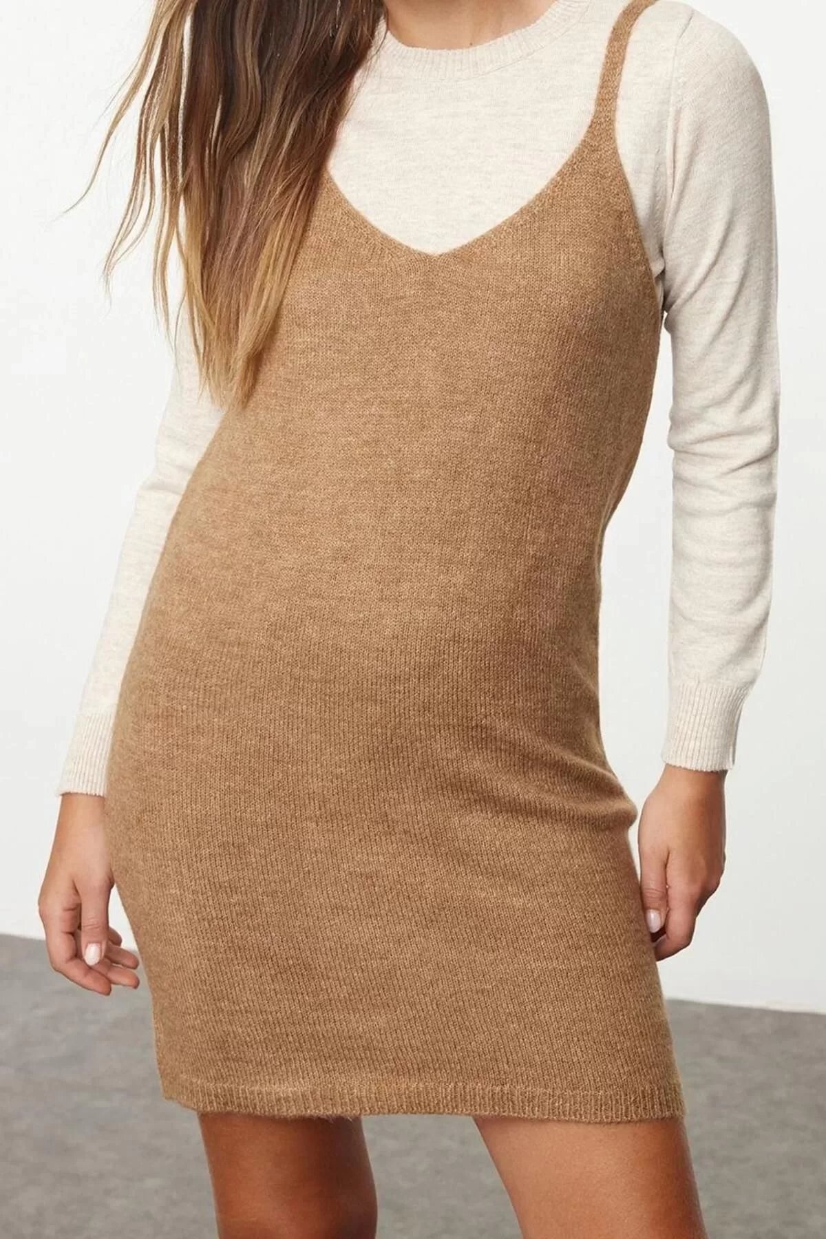 Women Fashion Stylish Mini Length Pool Neck Regular Knitwear Soft Textured Strappy Dress