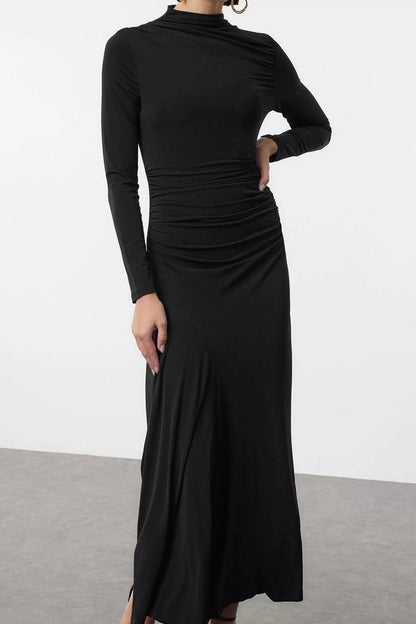 Women Fashion Stylish Maxi Length Stand Collar Slim Fitted Bodycon Long Sleeve Flexible Knitted Dress