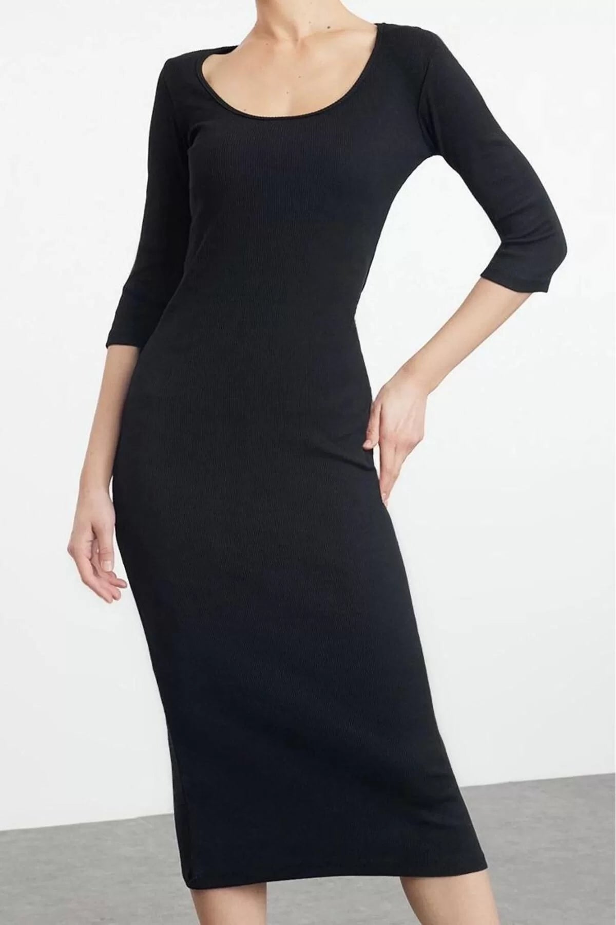 Women Fashion Maxi Length Square Neck Slim Fitted Bodycon Long Sleeve Crew Neck Flexible Knitted Dress