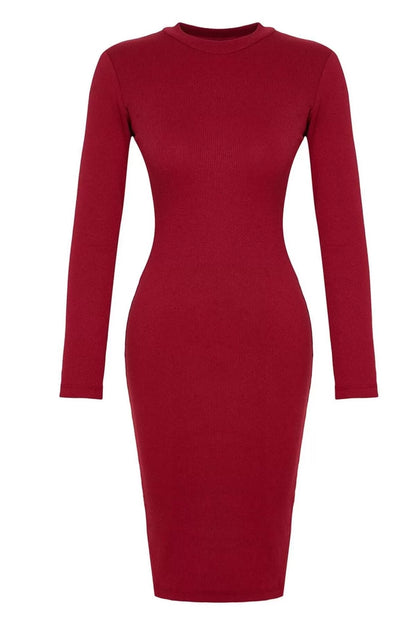 Women Fashion Stylish Midi Length Stand Collar Slim Fitted Long Sleeve Ribbed Stretchy Knit Dress