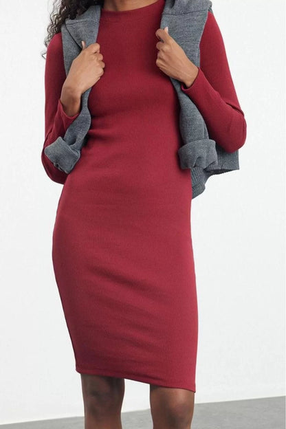 Women Fashion Stylish Midi Length Stand Collar Slim Fitted Long Sleeve Ribbed Stretchy Knit Dress