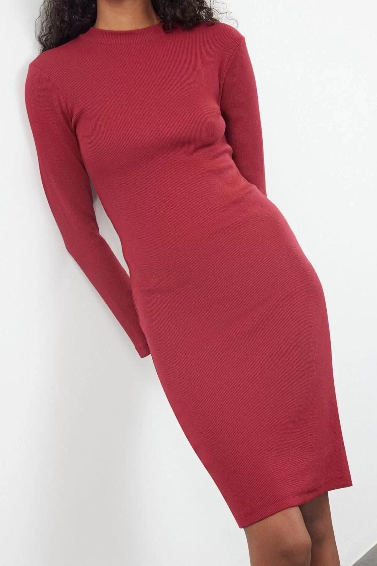 Women Fashion Stylish Midi Length Stand Collar Slim Fitted Long Sleeve Ribbed Stretchy Knit Dress