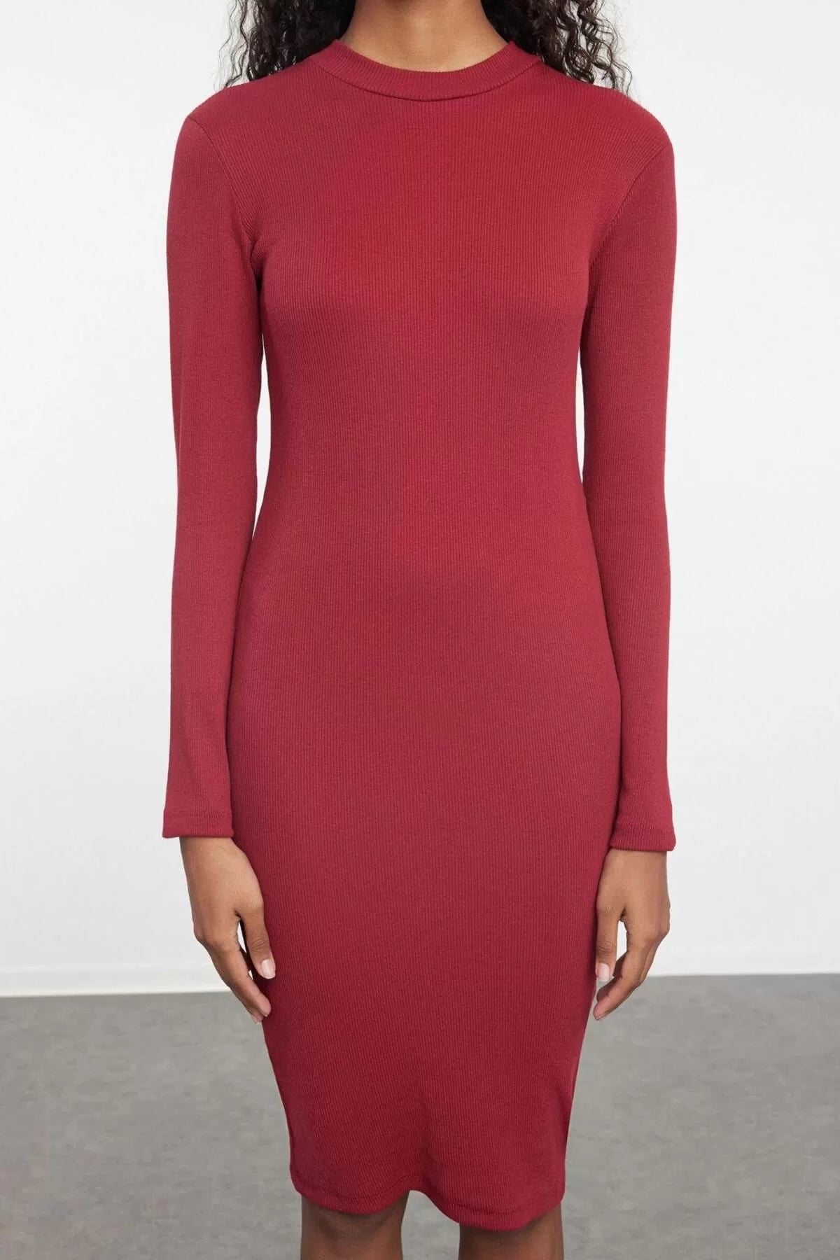 Women Fashion Stylish Midi Length Stand Collar Slim Fitted Long Sleeve Ribbed Stretchy Knit Dress