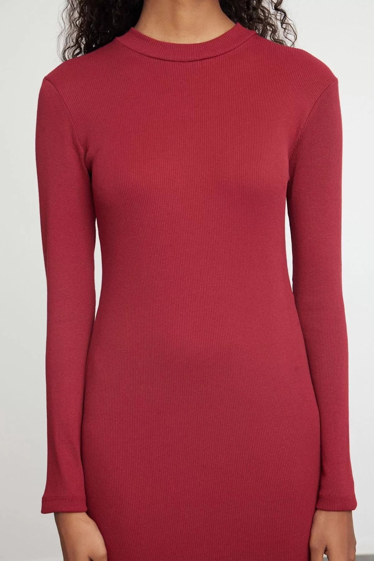 Women Fashion Stylish Midi Length Stand Collar Slim Fitted Long Sleeve Ribbed Stretchy Knit Dress