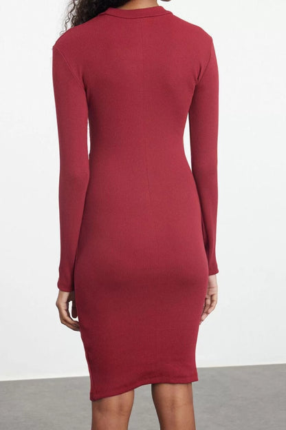 Women Fashion Stylish Midi Length Stand Collar Slim Fitted Long Sleeve Ribbed Stretchy Knit Dress