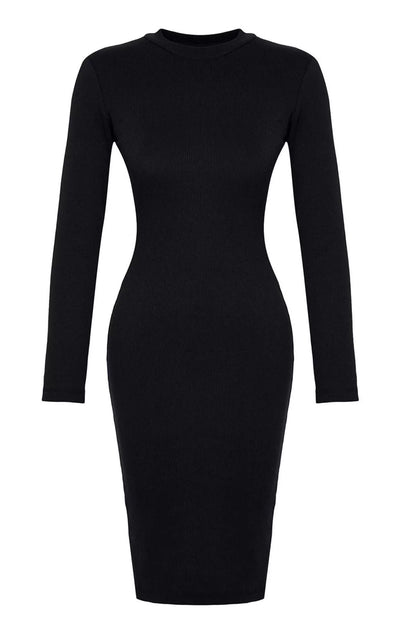 Women Fashion Stylish Midi Length Stand Collar Slim Fitted Long Sleeve Ribbed Stretchy Knit Dress