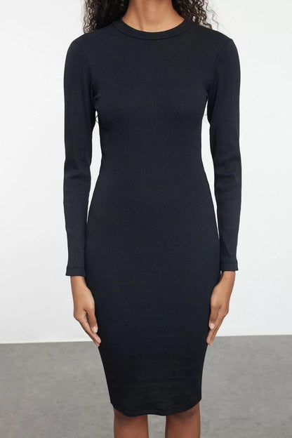 Women Fashion Stylish Midi Length Stand Collar Slim Fitted Long Sleeve Ribbed Stretchy Knit Dress