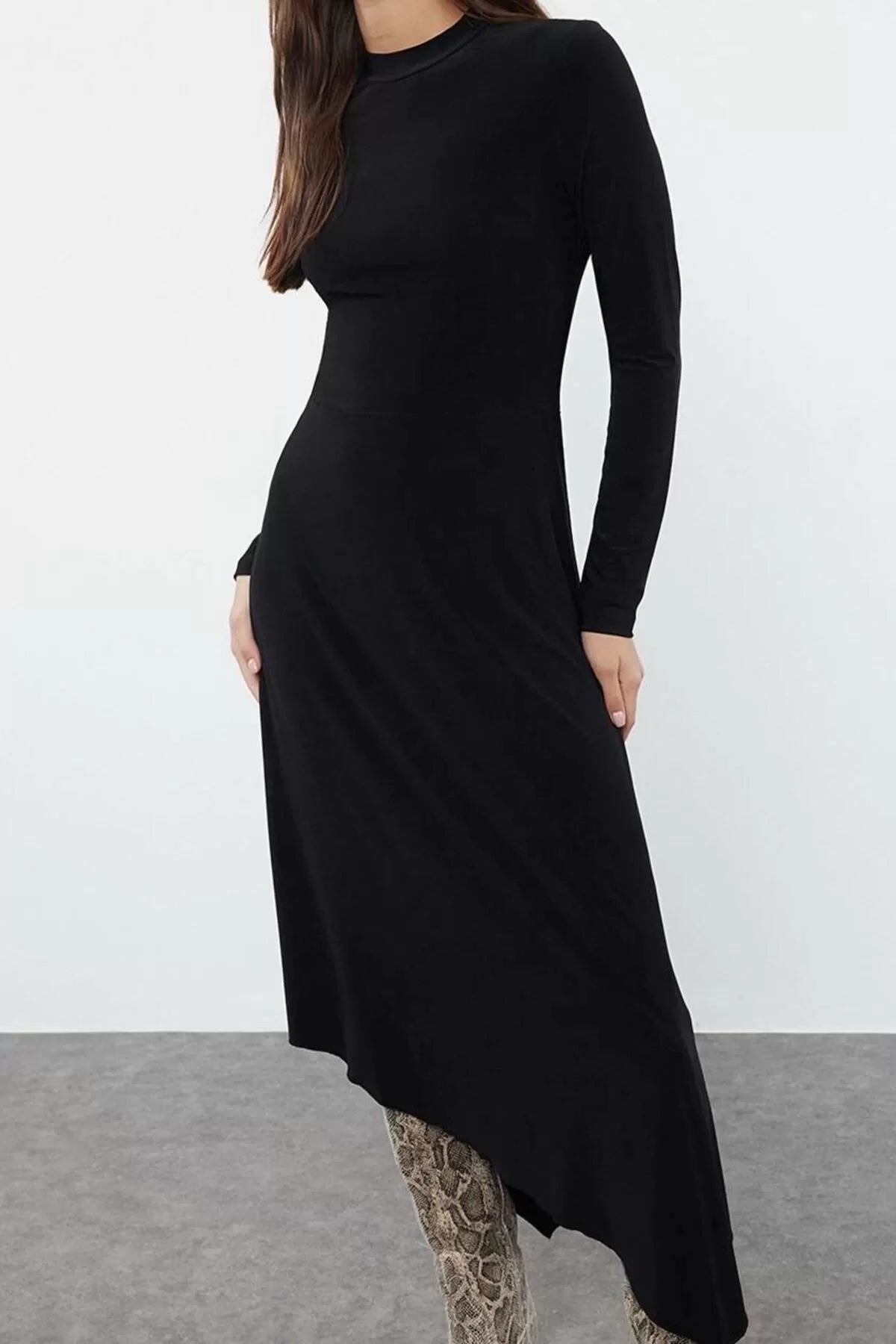 Women Fashion Stylish Maxi Length Crew Neck Slim Plain Skater Waist Open Asymmetrical Flexible Knitted Dress