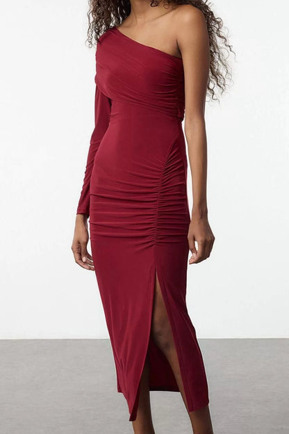 Women's Maxi Length Slim Plain Single Sleeve Draped Detail Slit Body-fitting Flexible Knitted Dress