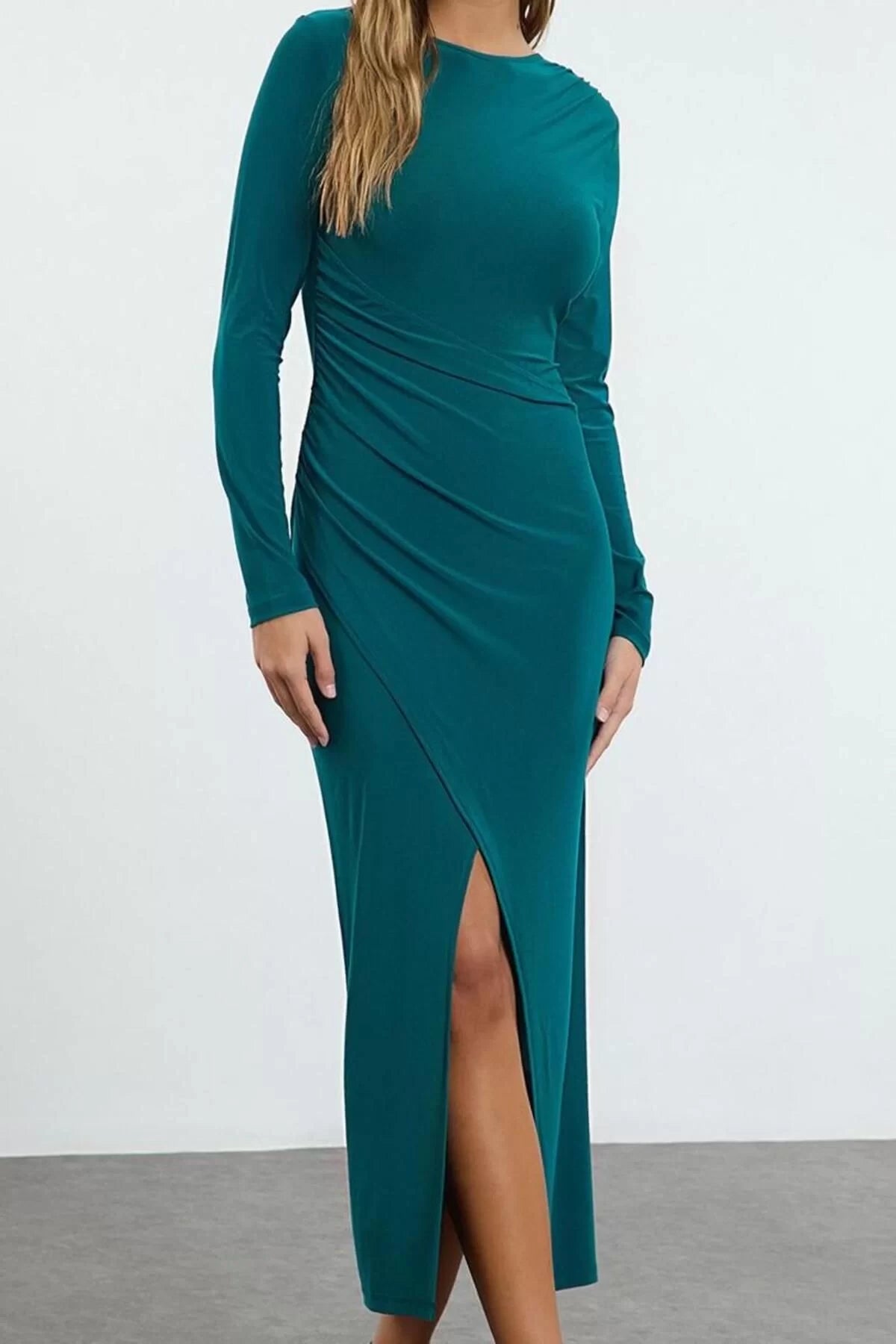 Women Fashion Stylish Maxi Length Crew Neck Slim Plain Fitted Draped Wrap Flexible Knitted Dress