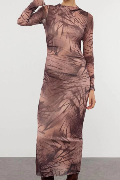 Women Fashion Chic Maxi Length Stand Collar Slim Abstract Bodycone Gather Drape Knitted Dress