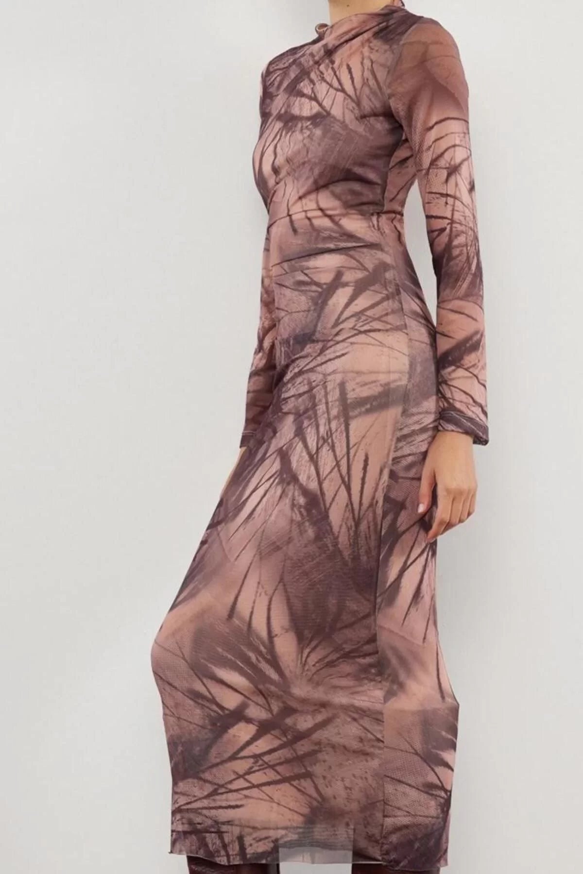 Women Fashion Chic Maxi Length Stand Collar Slim Abstract Bodycone Gather Drape Knitted Dress