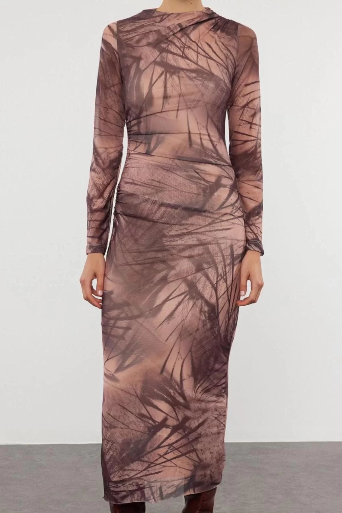 Women Fashion Chic Maxi Length Stand Collar Slim Abstract Bodycone Gather Drape Knitted Dress