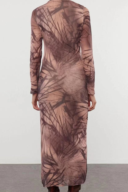 Women Fashion Chic Maxi Length Stand Collar Slim Abstract Bodycone Gather Drape Knitted Dress