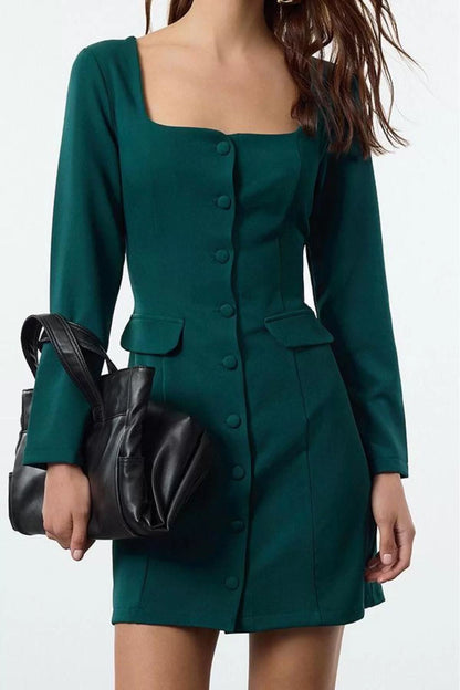 Women Fashion Stylish Mini Length Square Collar Regular Pocket Detailed Woven Jacket Dress