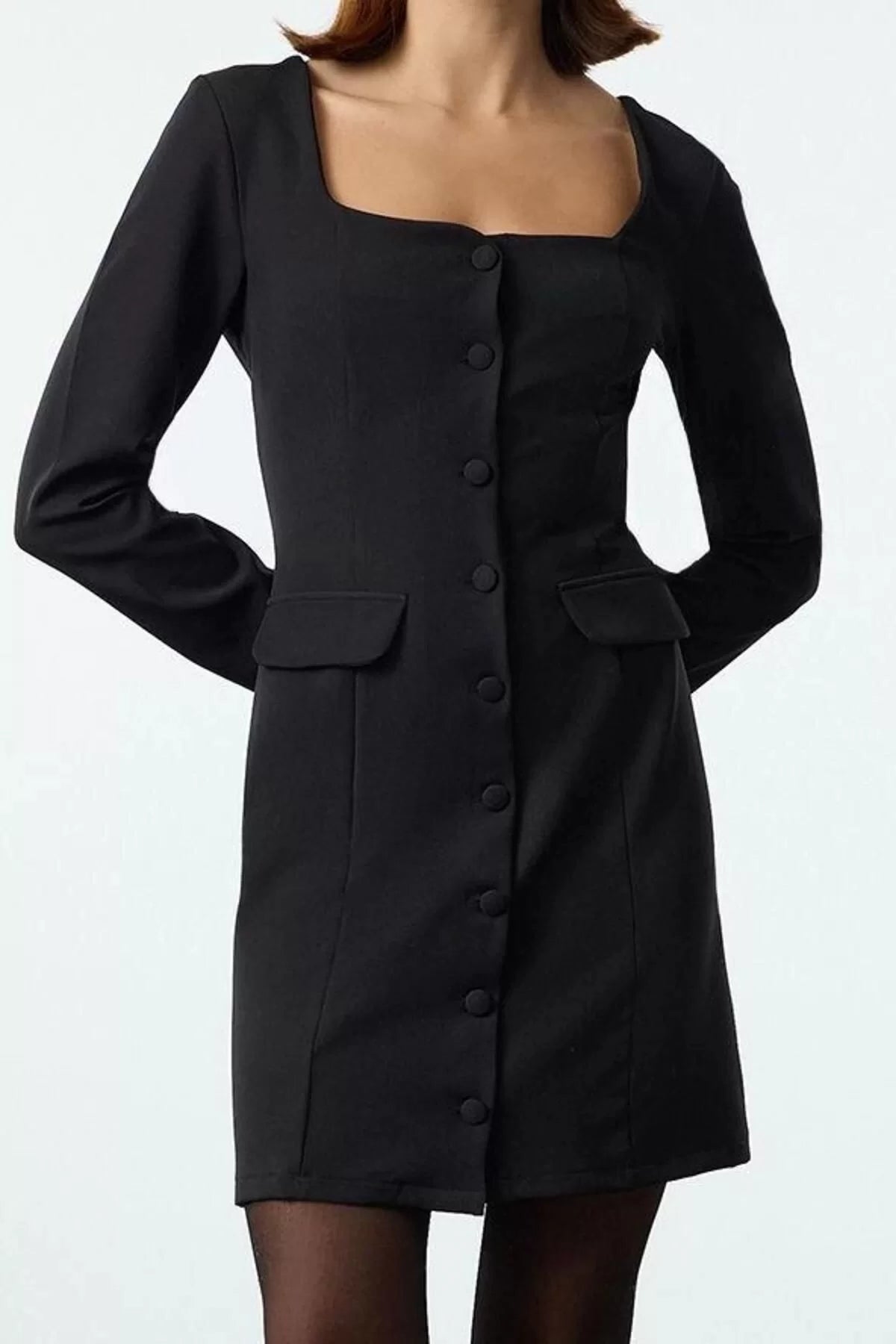 Women Fashion Stylish Mini Length Square Collar Regular Pocket Detailed Woven Jacket Dress