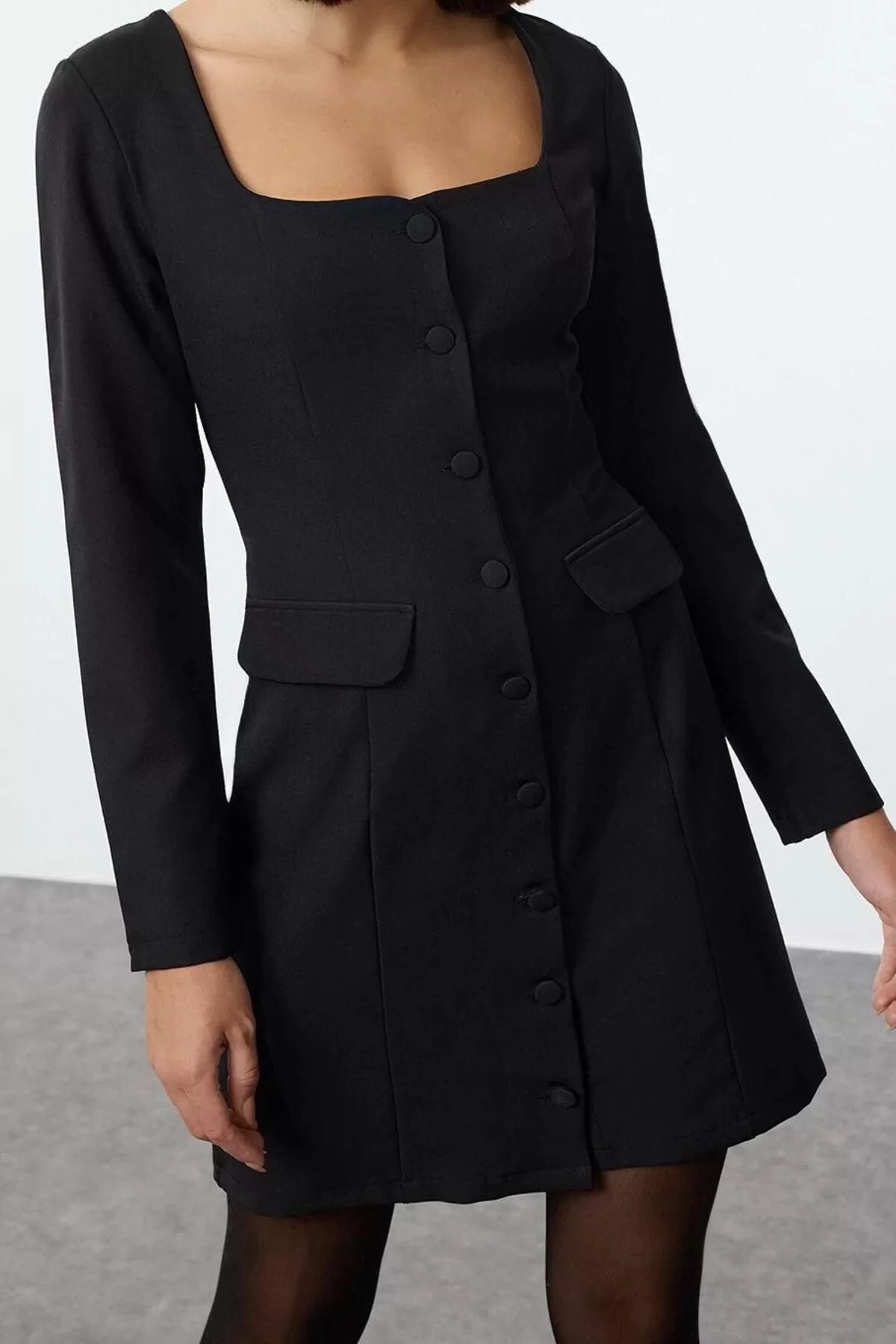 Women Fashion Stylish Mini Length Square Collar Regular Pocket Detailed Woven Jacket Dress