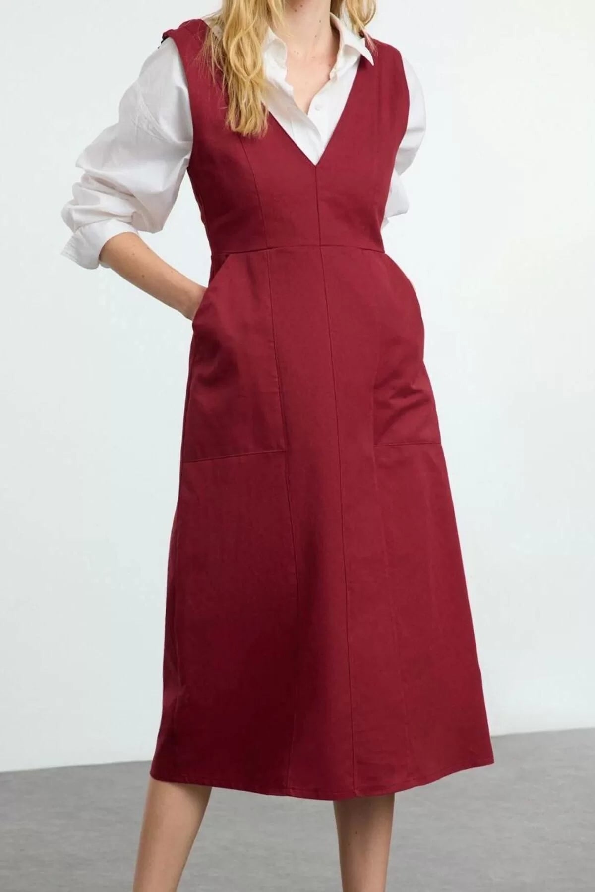 Women Fashion Stylish Midi Length V Neck Regular Vest Woven Dress