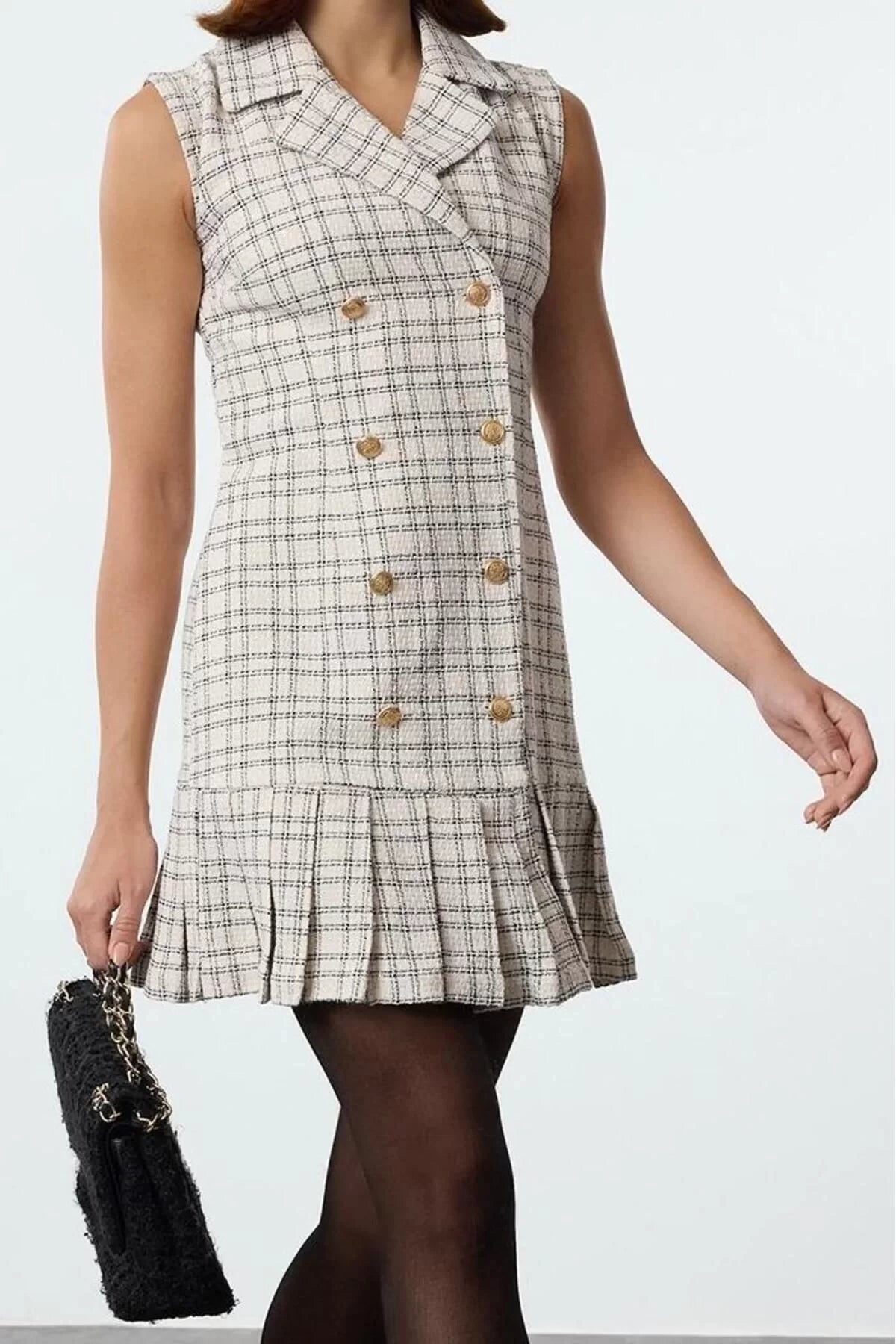 Women Fashion Stylish Mini Length Jacket Collar Regular Plaid Check Pleated Detailed Tweed Woven Jacket Dress