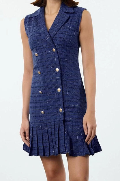 Women Fashion Stylish Mini Length Jacket Collar Regular Plaid Check Pleated Detailed Tweed Woven Jacket Dress