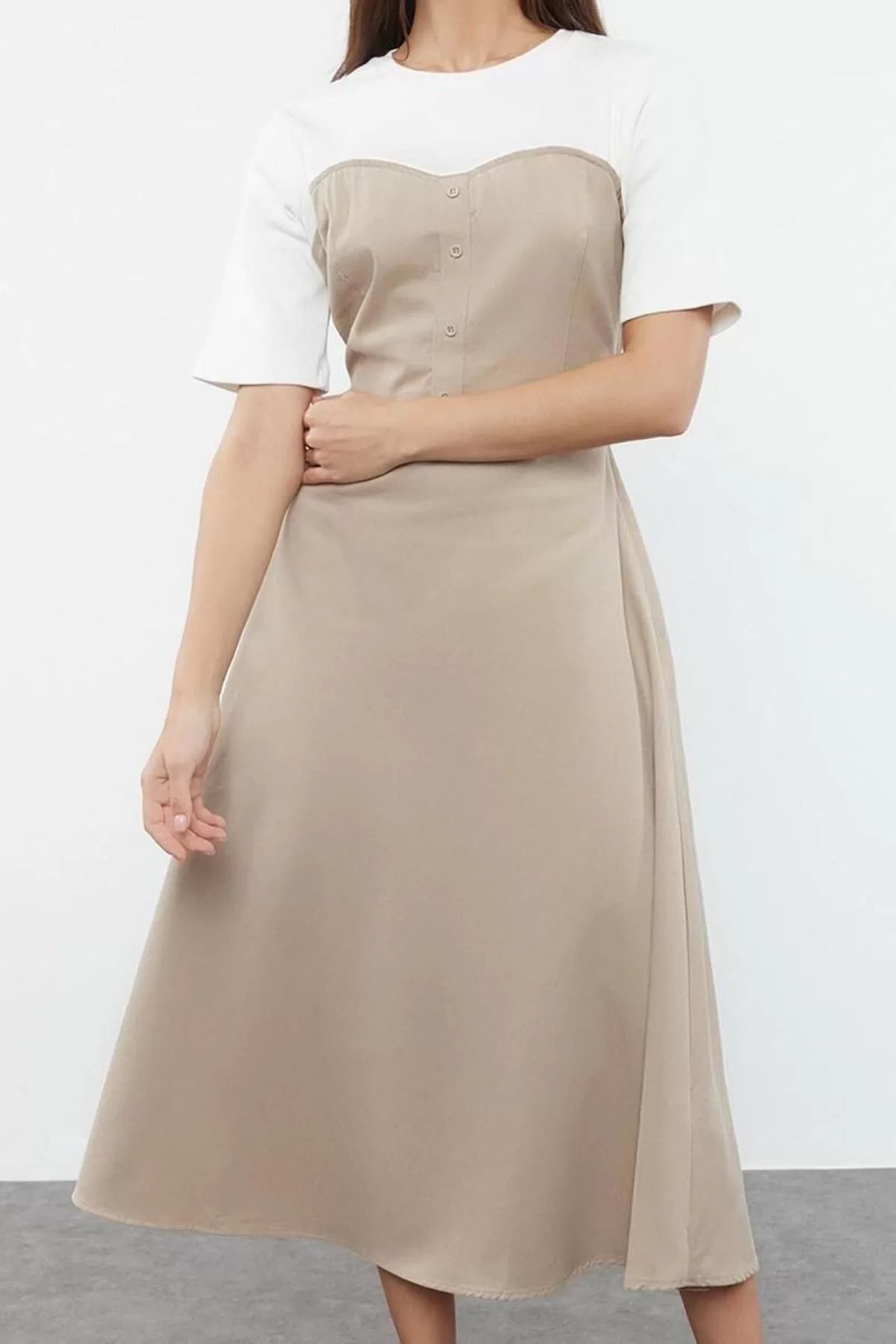 Women Fashion Stylish Midi Length Crew Neck Regular Plain Woven Dress