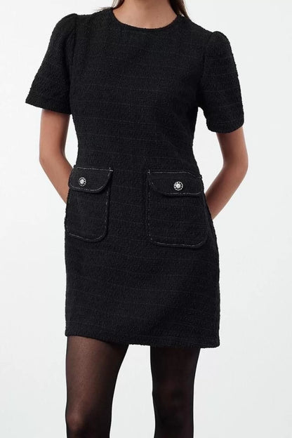 Women Fashion Stylish Mini Length Crew Neck Regular A Cut Pocket Detailed Woven Dress