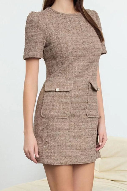 Women Fashion Stylish Mini Length Crew Neck Regular A Cut Pocket Detailed Woven Dress