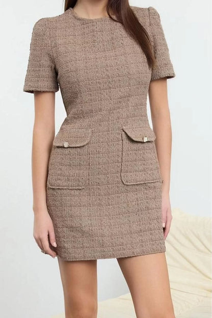 Women Fashion Stylish Mini Length Crew Neck Regular A Cut Pocket Detailed Woven Dress