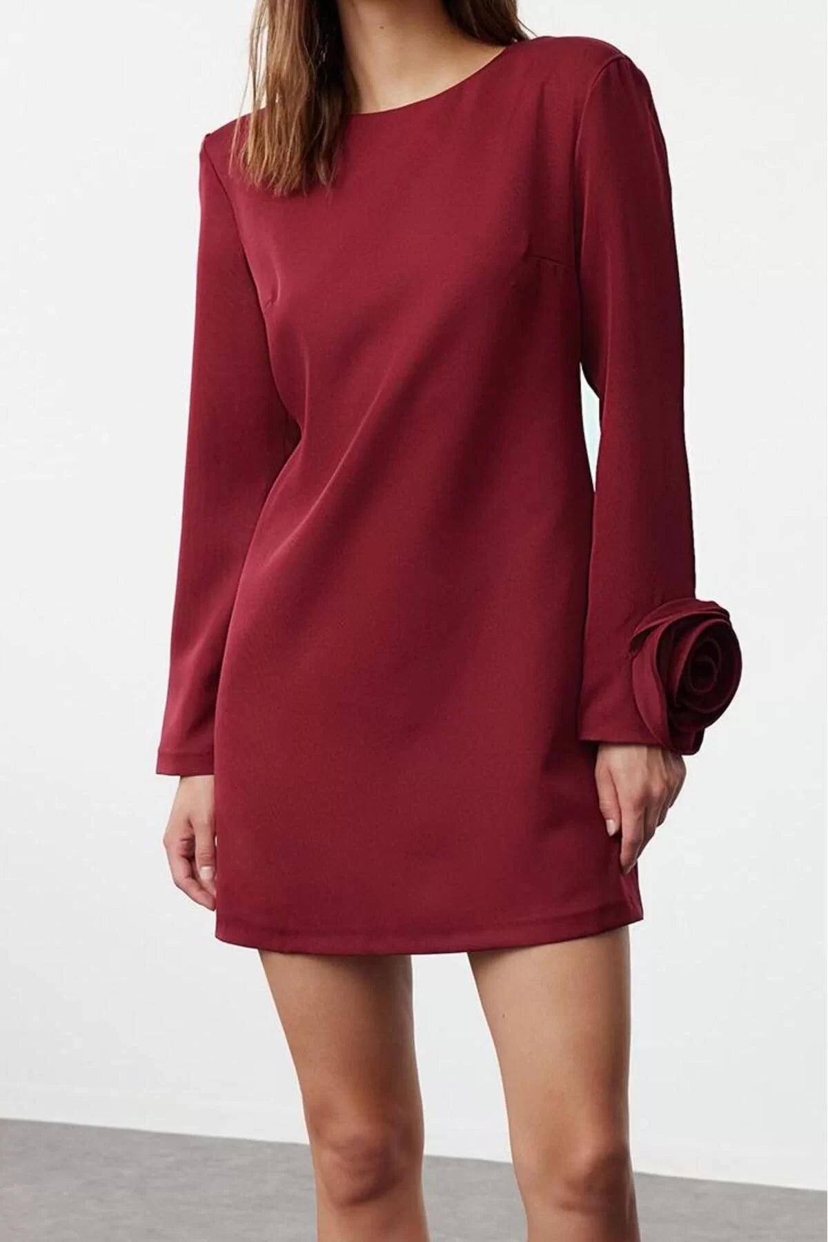 Women Fashion Stylish Mini Length Crew Neck Relaxed Straight Cut Rose Detailed Woven Dress