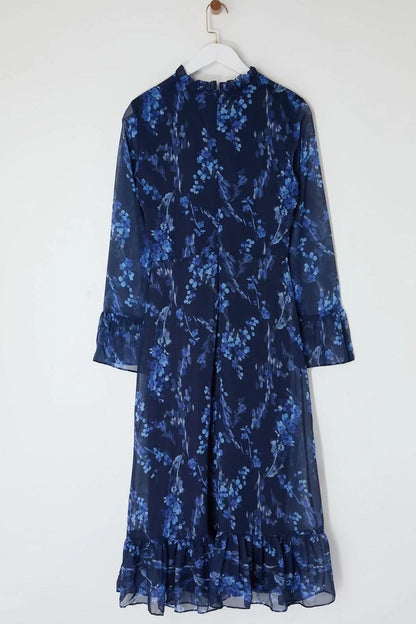 Women's Fashion Midi Length Stand Collar Regular Blue Floral Patterned A Cut Lined Chiffon Woven Winter Dress