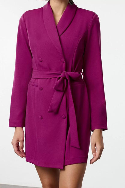 Women Fashion Stylish Mini Length Jacket Collar Regular Belted Shawl Collar Woven Jacket Dress