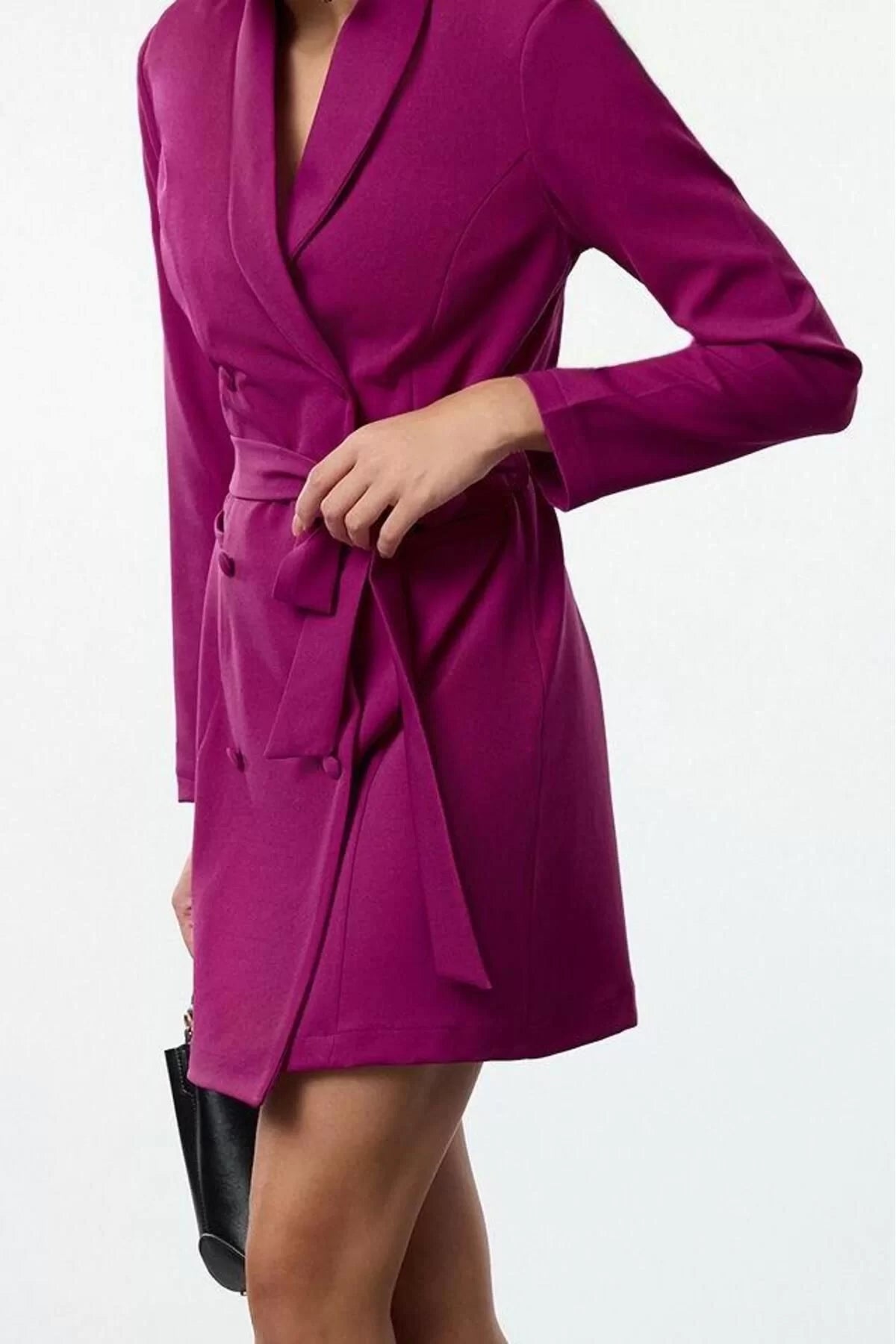 Women Fashion Stylish Mini Length Jacket Collar Regular Belted Shawl Collar Woven Jacket Dress