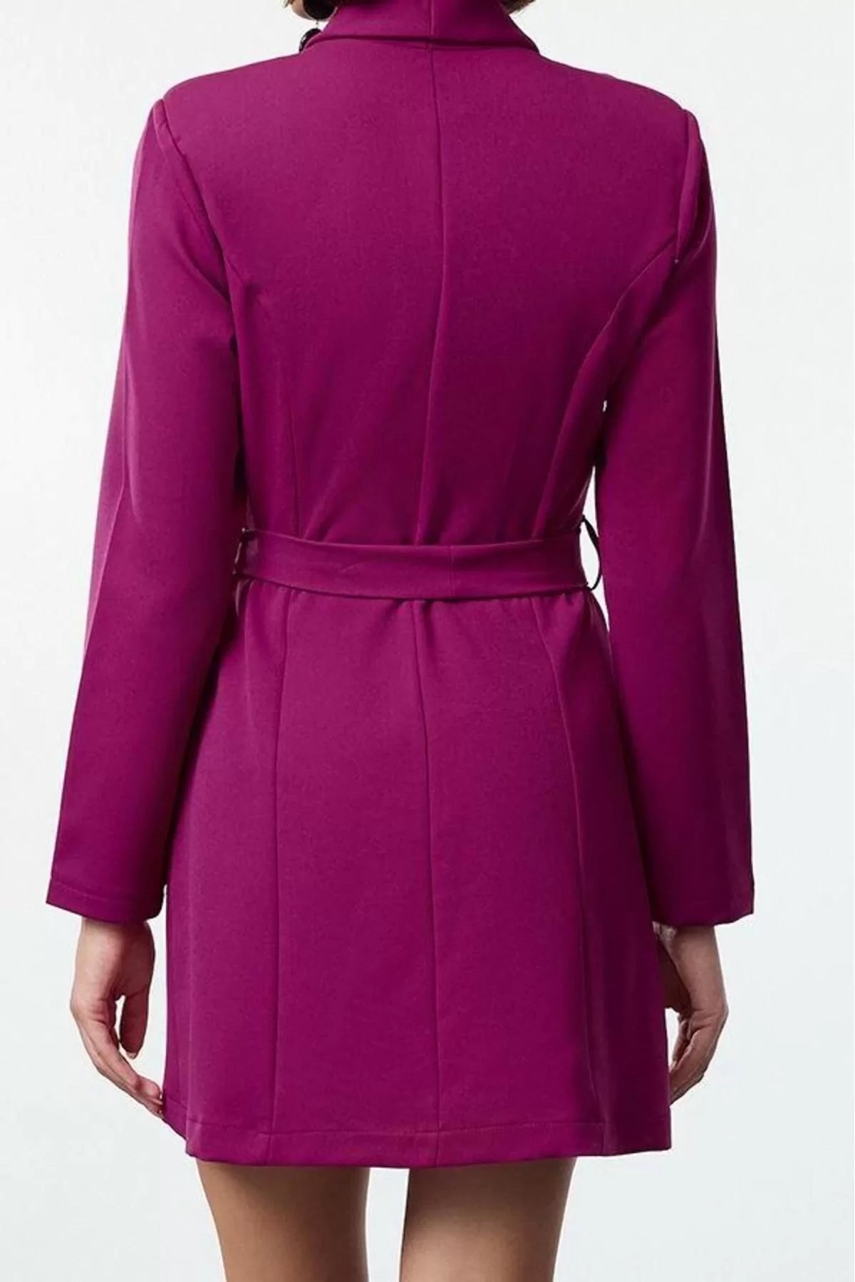 Women Fashion Stylish Mini Length Jacket Collar Regular Belted Shawl Collar Woven Jacket Dress