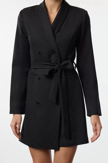 Women Fashion Stylish Mini Length Jacket Collar Regular Belted Shawl Collar Woven Jacket Dress