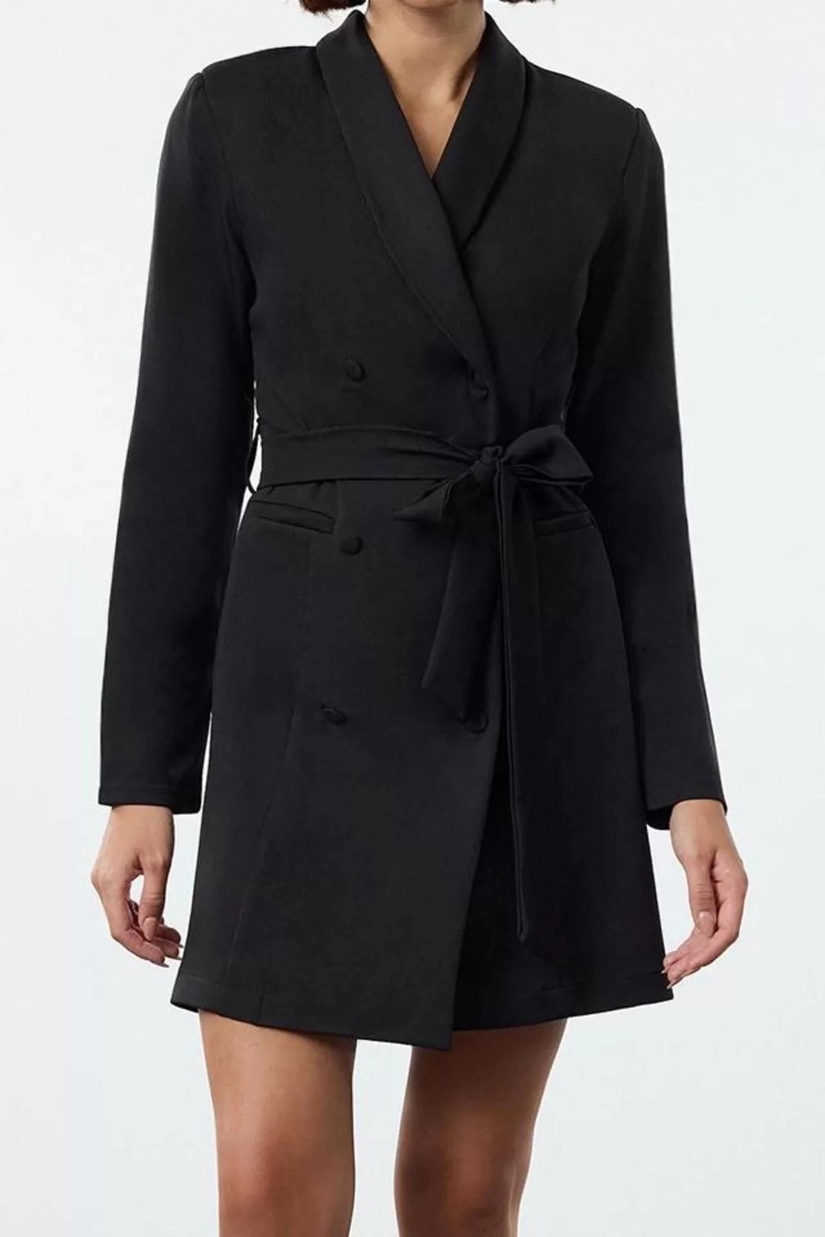 Women Fashion Stylish Mini Length Jacket Collar Regular Belted Shawl Collar Woven Jacket Dress